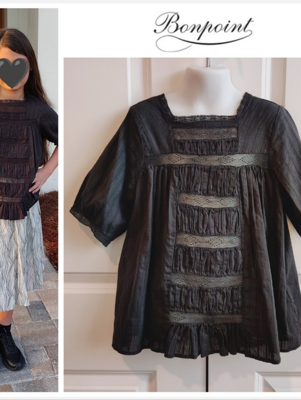 Bonpoint Black Ladder Lace Blouse (French Brand)